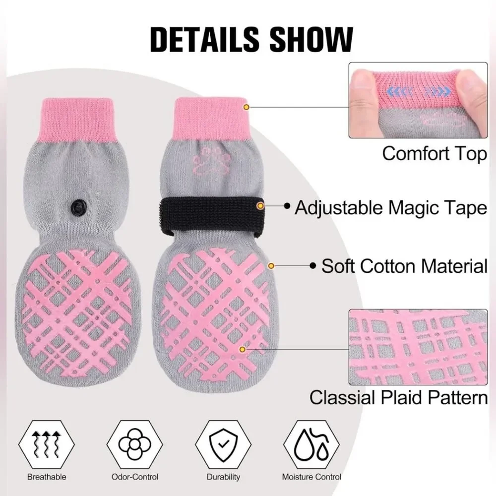 BeautyZoo NWT Dog Gray/Pink Classic Plaid Non-Slip 4pc Sock Set Sz Small/Medium